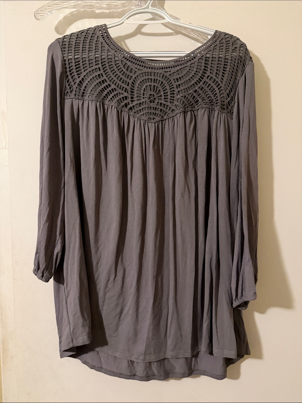Daniel Rainn Grey Crochet Yoke Long Sleeve Tunic